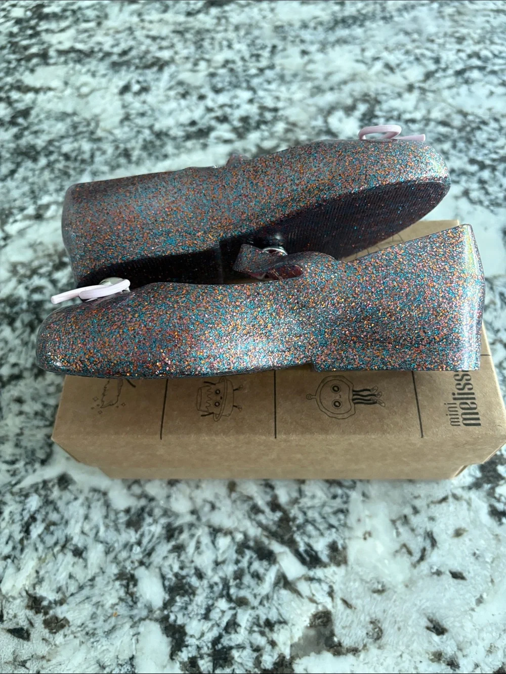 Mini Melissa Multi-Color Glitter Mary Jane Shoes with Pink Bow